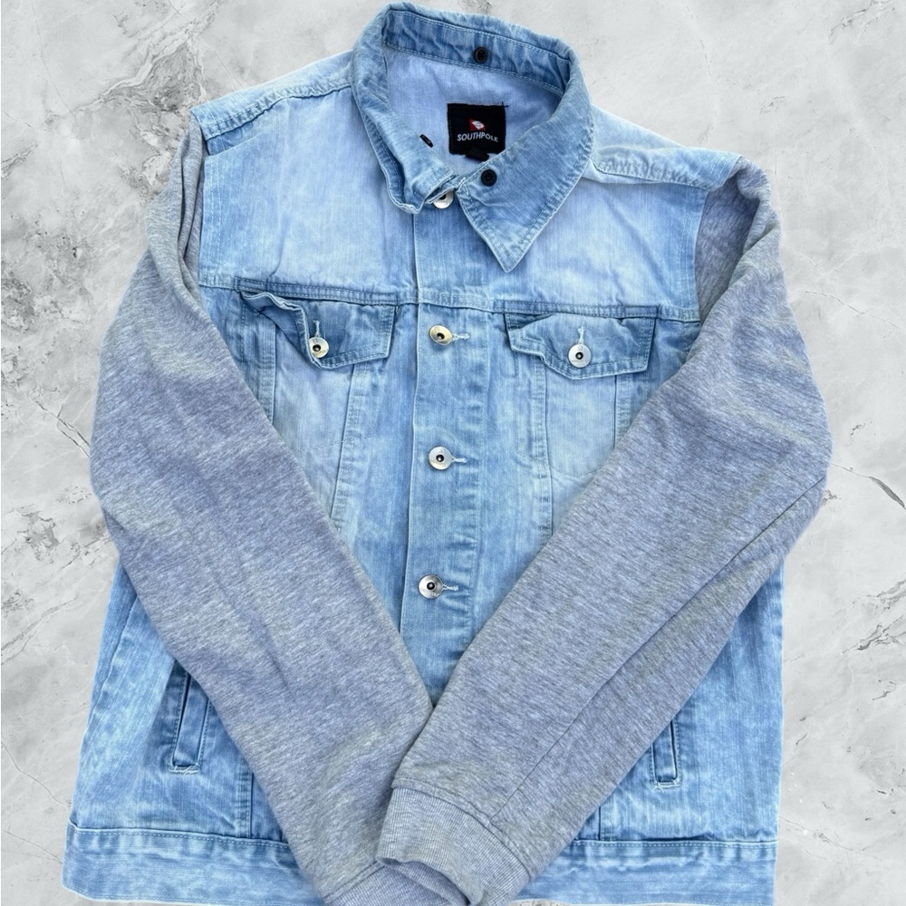 Southpole Denim Jacket Mens Large Blue Gray Button Up Designer Fashion